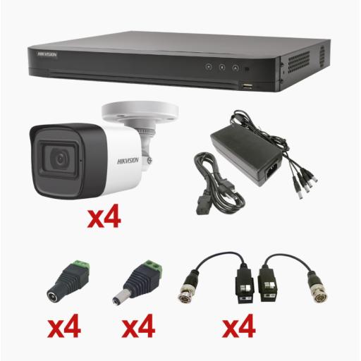 [HIKVISIONDIGITALTECHNOLOGY_KH1080P4BW] Hikvision Digital Technology KIT TurboHD 1080p / DVR 4 Canales / 4 Cámaras Bala (exterior 2.8 mm) / Transceptores / Conectores / Fuente de Poder Profesional