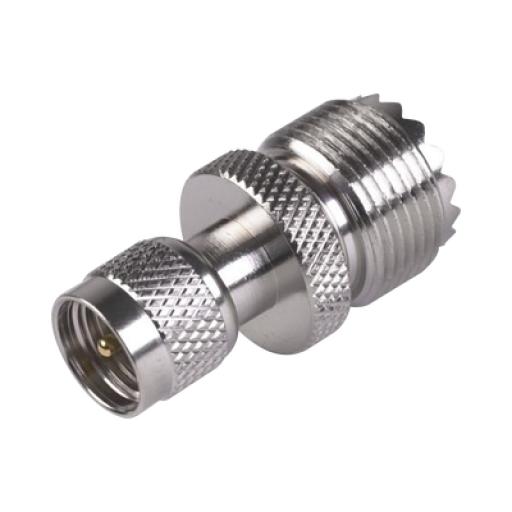 [RFINDUSTRIES_RFU-621] RF Industries Adaptador en Línea de Conector Mini UHF Macho a UHF Hembra (SO-239), Níquel/ Oro/ Teflón.