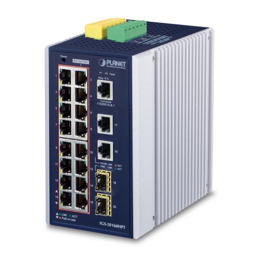 [PLANET_IGS-20160HPT] Planet Switch Industrial Administrable 16 puertos 10/100/1000 T 802.3at PoE + 2 Puertos 10/100/1000 T + 2 puertos 100/1000 X SFP