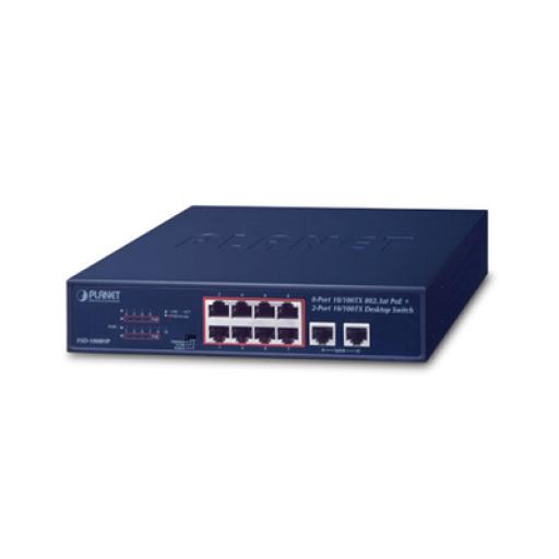 [PLANET_FSD-1008HP] Planet Switch No Administrable de Escritorio y Rack, 8 Puertos Fast Ethernet con  PoE 802.3af/at, 2 Puertos Uplink, Hasta 250 m en Modo Extendido