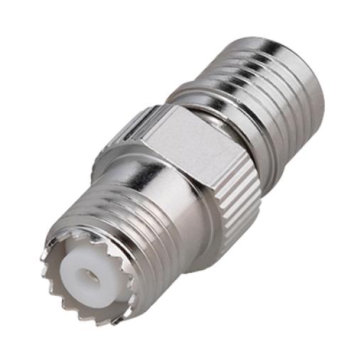 [RFINDUSTRIES_RQA-5411] RF Industries Adaptador en Línea, de Conector QMA (Quick Mate) Macho a Mini-UHF Hembra, Bronce Blanco/ Oro/ Teflón.