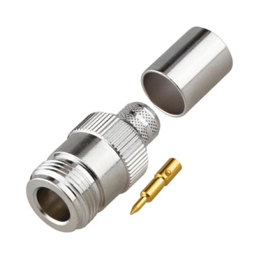 [RFINDUSTRIES_RP-1028-I] RF Industries Conector N Hembra Inverso de Anillo Plegable para Cables 9913, RG-8/U, LMR-400, Grupo I, Níquel/ Oro/ Teflón.