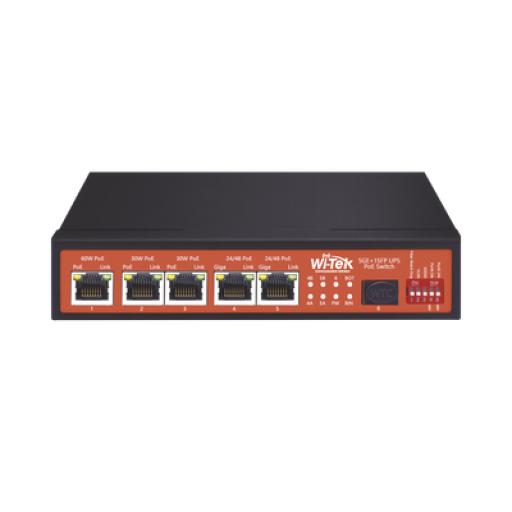 [WI-TEK_WI-PS306GF-UPS] WI-TEK Controlador Solar de 5A con Switch PoE /  1 Puertos Gigabit PoE 802.3 bt / 2puertos PoE 802.3 af/at con 2 Puertos PoE Pasivo 24 Vcc / 1 Puerto SFP / No administrable