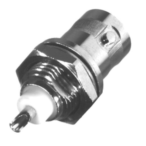 [RFINDUSTRIES_RFB-1116] RF Industries Conector BNC Hembra de Montaje Frontal D-Plano, Soldable, Rondana de Seguridad, Níquel/ Oro/ Delrin. 