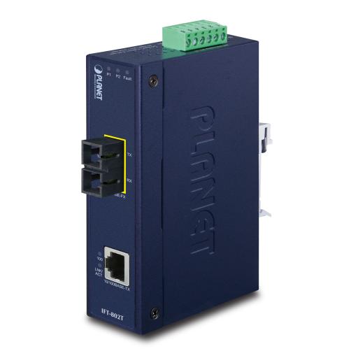 [PLANET_IFT-802T] Planet Convertidor de Medios Industrial, Multimodo, Puertos 10/100 Base-TX a 100 Base-FX, Interfaz SC, Hasta 2 km, Carcasa IP30, Soporta Temperatura de -40 a 75°C.