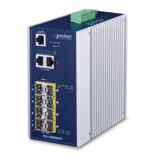 [PLANET_IGS-10080MFT] Planet Switch Industrial Administrable L2+, 8 Puertos 1G SFP, 2 Puertos TP Gigabit, (-40 ~75 grados C)