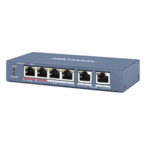 [HIKVISIONDIGITALTECHNOLOGY_DS-3E0106HP-E] Hikvision Digital Technology Switch PoE+ / No Administrable / 3 Puertos 10/100 Mbps 802.3 af/at (30 W) + 1 Puerto 100 Mbps Hi-PoE (60 W) / 2 Puertos 10/100 Mbps Uplink / 250 Metros PoE Larga Distancia / 60 W