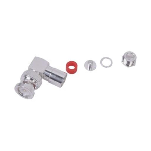 [RFINDUSTRIES_RFB-1110-C-04] RF Industries Conector BNC Macho en Ángulo Recto de Rosca para LMR-195, RG-58/U, RG-142/U, Plata/Oro/Teflón.