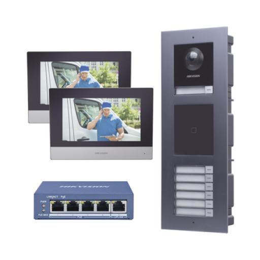 [HIKVISIONDIGITALTECHNOLOGY_DSKIS-MULTI-7AP] Hikvision Digital Technology KIT de Videoportero IP para 7 DEPARTAMENTOS con llamada a App de Smartphone y Lector de Tarjetas EM / 2da Generación (Modular) / Montaje para EMPOTRAR incluido