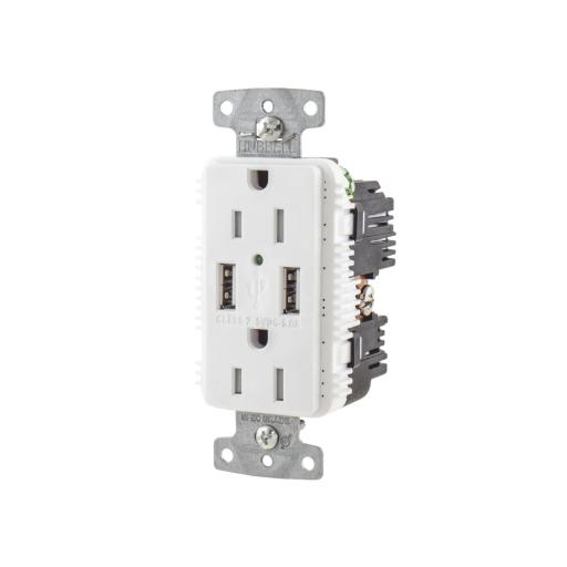 [HUBBELL_HUB-USB-15A-5W] Hubbell Contacto Dúplex con 2 Puertos USB, 15A 125V, 2 Polos, 3 Hilos, Color Blanco. 