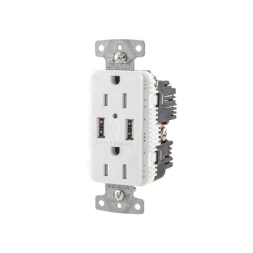[HUBBELL_HUB-USB-15A-5W] Hubbell Contacto Dúplex con 2 Puertos USB, 15A 125V, 2 Polos, 3 Hilos, Color Blanco. 
