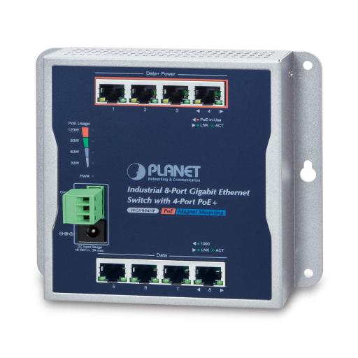 [PLANET_WGS-804HP] Planet Switch Industrial de Múltiple Montaje (Pared, Riel DIN y Magnético), 8 Puertos Gigabit con 4 puertos PoE 802.3at, Hasta 120 W.