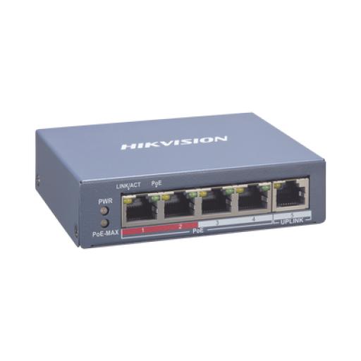 [HIKVISIONDIGITALTECHNOLOGY_DS-3E1105P-EI] Hikvision Digital Technology Switch Monitoreable PoE+ / 4 puertos 10/100 Mbps PoE+ / 1 puerto RJ45 Uplink / PoE Hasta 250 Metros / 60 W / Conexión Remota desde Hik-PartnerPro