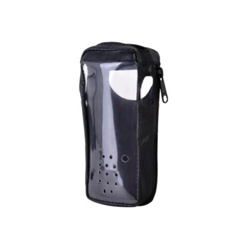 [SYSCOM_FSM-IC-A24] Syscom Funda reforzada en Piel para cinto, con cierre y amplio visor frontal transparente para Aéreos IC-A24 e IC-A6.
