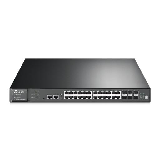 [TPLINK_T3700G-28TQ] TPLINK Switch Core JetStream administrable capa 3, 24 puertos RJ45 Gigabit, 4 puertos SFP combo, hasta 4 ranuras SFP+, apilamiento de hasta 8.