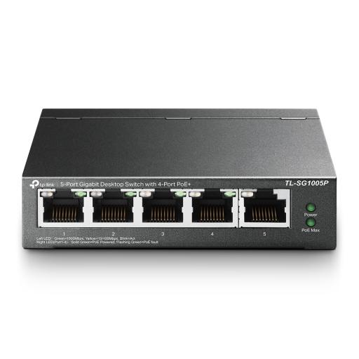 [TPLINK_TL-SG1005P] TPLINK Switch Escritorio No Administrable de 5 puertos 10/100/1000 Mbps / Con 4 puertos PoE 802.3af/at de hasta 65 W / PoE Extendido hasta 250 metros