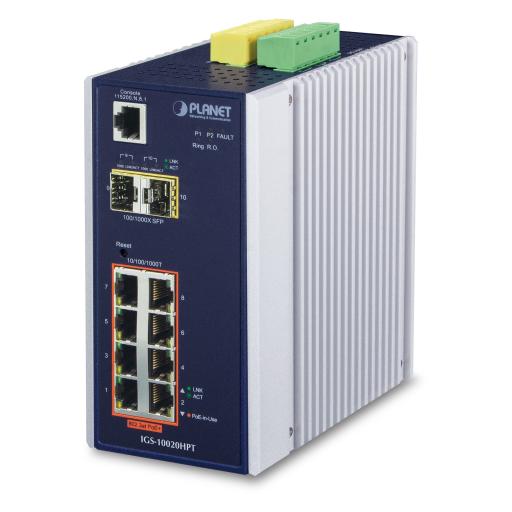 [PLANET_IGS-10020HPT] Planet Switch Industrial Administrable Capa 2, 8 puertos PoE Gigabit 802.3af/at, 2 Puertos SFP de 1 / 2.5 Gigabit, Entrada de Voltaje Secundaria para Fuente Redundante