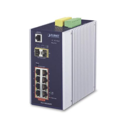 [PLANET_IGS-10020HPT] Planet Switch Industrial Administrable Capa 2, 8 puertos PoE Gigabit 802.3af/at, 2 Puertos SFP de 1 / 2.5 Gigabit, Entrada de Voltaje Secundaria para Fuente Redundante