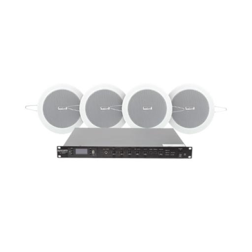[EPCOM_SF120DTB/4CS] Epcom KIT de Amplificador de 120W para Escritorio | 4 Altavoces de Plafón de 4in | 3 - 6W | Sistema 70/100V