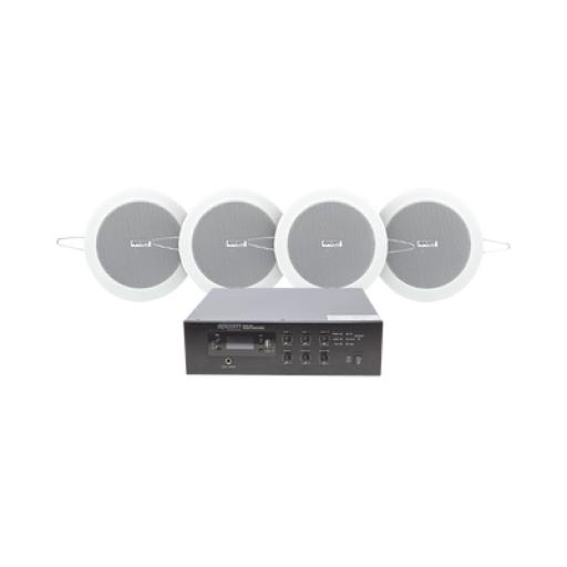 [EPCOM_SFB120/4CS] Epcom KIT de Amplificador de 120W para Escritorio | 4 Altavoces de Plafón de 4in | 3 - 6W | Sistema 70/100V