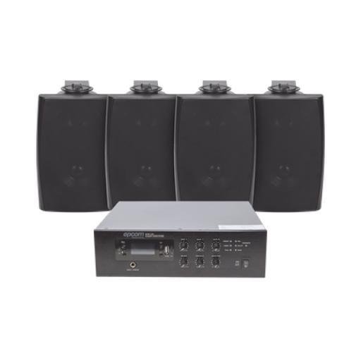 [EPCOM_SFB120/4WS] Epcom KIT de Amplificador de 120W para Escritorio | 4 Altavoces de Pared color Negro 2.5W - 20W | Sistema 70/100V