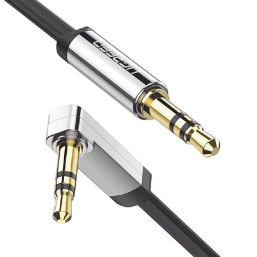 [UGREEN_10599] Ugreen Cable Auxiliar Plano 2 Metros / Conector 3.5mm a 3.5mm / Macho-Macho / Recto a Angulo / Ángulo de 90° en una de sus Puntas / Color Negro