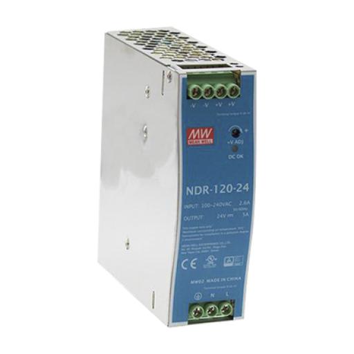 [MEANWELL_NDR-120-24] MEANWELL Fuente de poder industrial de 120 W, salida 24 Vcc, entrada 90~264 VCA, para montaje en riel DIN, 