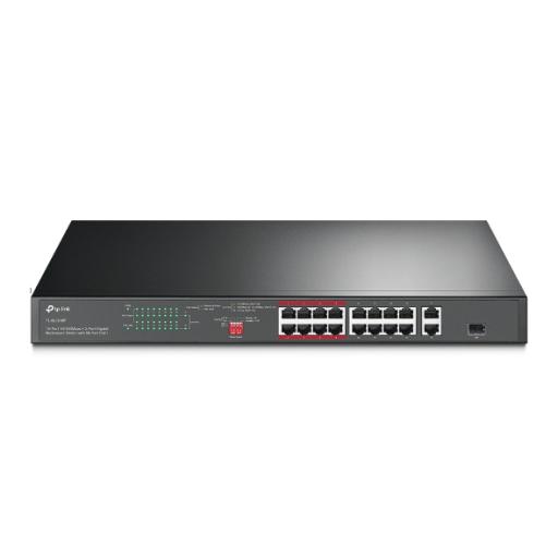 [TPLINK_TL-SL1218P] TPLINK Switch PoE+ no Administrable 16 puertos 10/100 Mbps + 2 puertos 10/100/1000 Mbps + 1 puerto SFP, 8 puertos Extensor PoE (hasta 250 m), 150W, diseño para Vigilancia IP