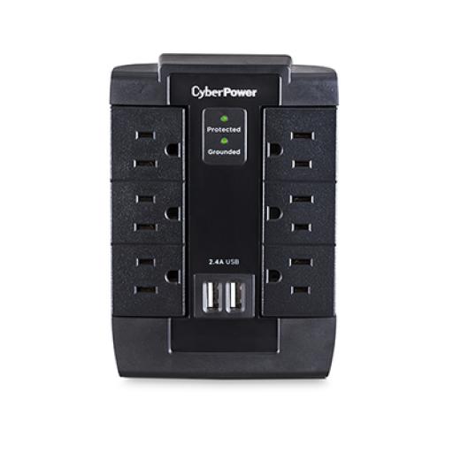 [CYBERPOWER_P600WSURC1] CyberPower Multicontacto con Supresor de Picos de Pared, Voltaje de Entrada 125 Vca NEMA 5-15P, Con 6 Salidas NEMA 5-15R, 2 Puertos de Carga USB, 1200 Joules