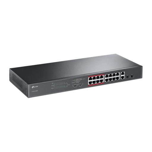 [TPLINK_TL-SL1218MP] TPLINK Switch PoE+ No Administrable de 16 puertos 10/100 Mbps / 2 puertos 10/100/1000 Mbps en Combo con 2 Puertos SFP / Presuuesto PoE 250 W / Extensor PoE de hasta 250 metros