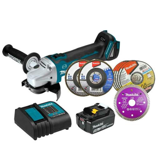 [MAKITA_DGA456STX3] Makita Miniesmeril 115mm 4-1/2in 8.500 Rpm,1 Batería 18V Li-ION de 5.0 Ah, Cargador y 3 Discos. 