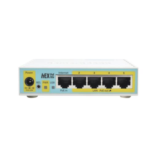 [MIKROTIK_RB750UPR2] Mikrotik (hEX PoE LITE) RouterBoard, 5 Puertos Fast Ethernet, 4 con PoE Pasivo, 1 Puerto USB