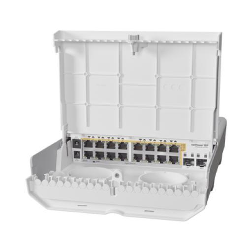 [MIKROTIK_CRS318-16P-2S+OUT] Mikrotik (netPower 16P) Switch administrable Sistema Operativo Dual, 16 puertos c/PoE, 2 puertos 10G SFP+ para Exterior