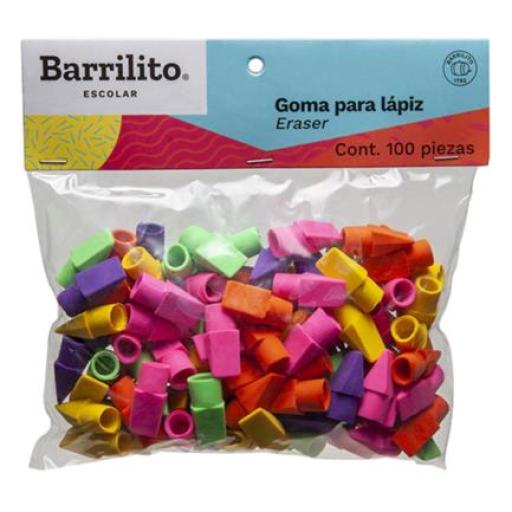 [BARRILITO_GO100] Barrilito Goma Barrilito para Lápiz Colores Surtidos Bolsa C/100 Pzas