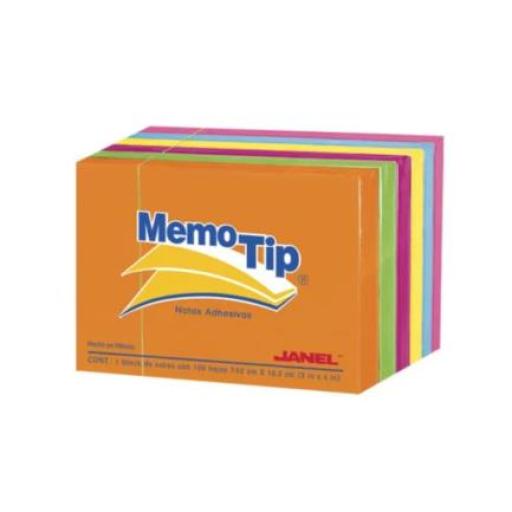 [JANEL_6560304797] Janel Notas Adhesivas Janel Memo Tip Neón 3"x4"(7.62cm x10.16cm) Colores Surtidos Paq 6 Blocks con 100 Hojas c/u.