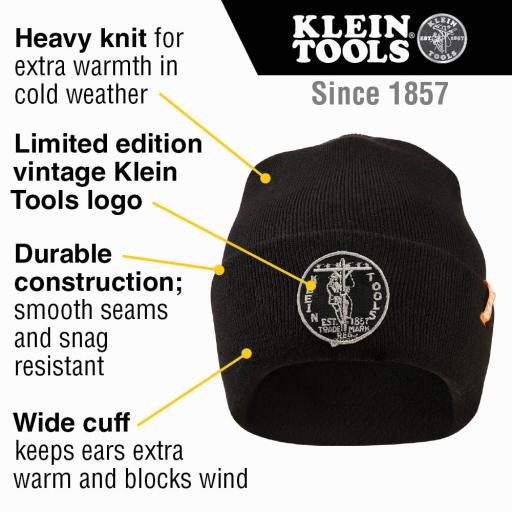 [KLEINTOOLS_60388] Klein Tools Gorro Negro de Tejido Grueso para Instaladores, con Logo KLEIN TOOLS Vintage.