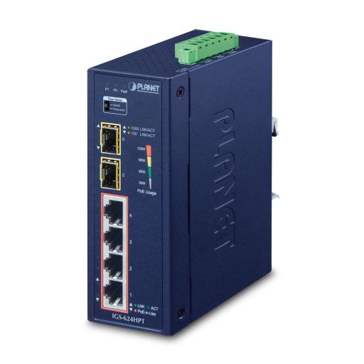 [PLANET_IGS-624HPT] Planet Switch PoE Industrial No Administrable de 4 Puertos PoE 10/100/1000T 802.3at, 2 Puertos SFP 10/1000X