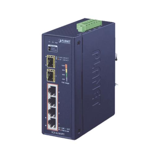 [PLANET_IGS-624HPT] Planet Switch PoE Industrial No Administrable de 4 Puertos PoE 10/100/1000T 802.3at, 2 Puertos SFP 10/1000X