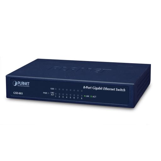 [PLANET_GSD-803] Planet Switch de Escritorio No Administrable, 8 Puertos Gigabit 10/100/1000 Mbps, Tecnología de Ahorro de Energía de Hasta un 40%