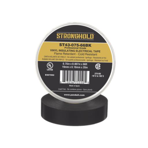[PANDUIT_ST43-075-66BK] Panduit Cinta Eléctrica STRONGHOLD para Aislar, de PVC, Uso Profesional en Construcción Eléctrica, Grosor de 0.18mm (7 mil), Ancho de 19mm, y 18m de Largo, Color Negro
