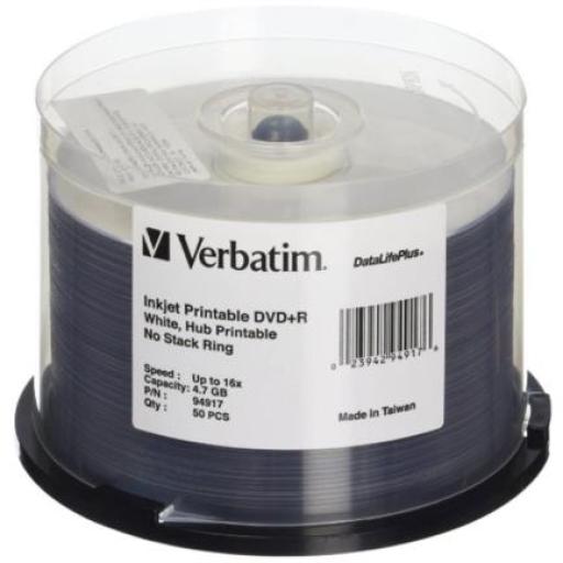 [VERBATIM_94917] Verbatim DVD+R Verbatim 4.7GB 16X DataLifePlus Blanco Imprimible con Inyección de Tinta Hub Imprimible Torre C/50 Pzas