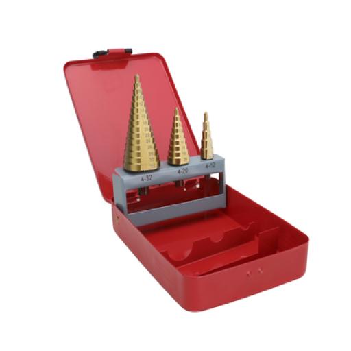 [PRECISION_PST-C020-02] Precision Juego de 3 Brocas Escalonadas HSS 4-12, 4-20, 4-32 mm (Para Plástico o Metal). 