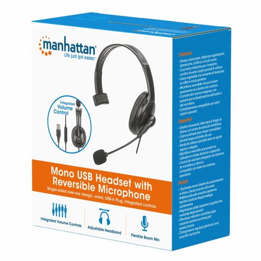 [MANHATTAN_180849] Audífono monoaural USB con micrófono reversible Manhattan.