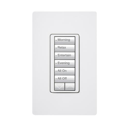 [LUTRON_RRDW6BRLWH] Lutron (RadioRA2) Teclado seetouch 6 botones, 2 botones subir/bajar, programe escenas diferentes en cada botón.