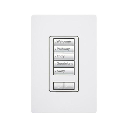 [LUTRON_RRDW5BRLWH] Lutron (RadioRA2) Teclado seetouch 5 botones, 2 botones subir/bajar, programe escenas diferentes en cada botón.