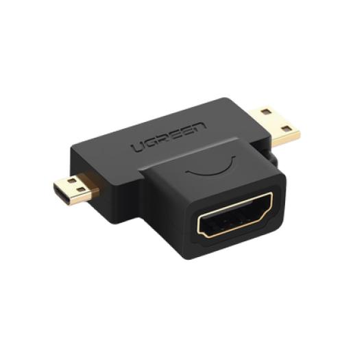 [UGREEN_20144] Ugreen Adaptador Micro + Mini HDMI Macho a HDMI Hembra / Mini HDMI Tipo C a HDMI Tipo A  4K@30HZ / Micro HDMI Tipo D a HDMI Tipo A 1080P@60Hz  / Conector Chapado en Oro / Compacto, Portátil y Fácil de Usar
