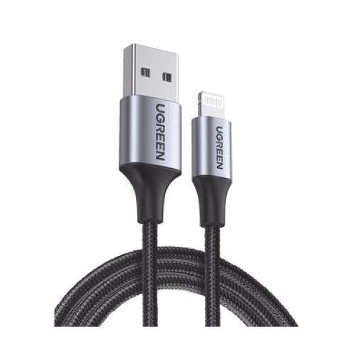 [UGREEN_60156] Ugreen Cable USB-A a Lightning | 1 Metro | Certificado MFi | Carga Rápida 5V/2.4 A | 480 Mbps | Conector C94 | Adecuado para iPhone, iPad y iPod | Protección Integrada | Caja de Aluminio | Nylon Trenzado | Color Negro | 2 años de Garant&iacu