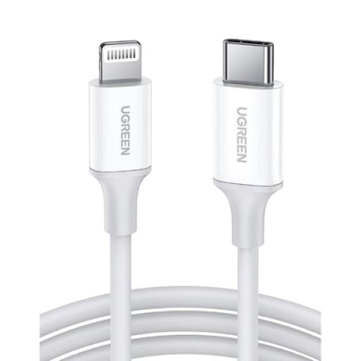 [UGREEN_10493] Ugreen Cable USB-C a Lightning | 1 Metro | Certificado MFi | Carga Rápida 60W | 480 Mbps | PD | Conector C94 | Adecuado para iPhone, iPad y iPod | Protección Integrada | Caja de ABS | Cubierta de TPE | Color Blanco | 2 años de Garantí