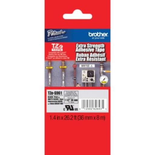 [BROTHER_TZES961] Brother Cinta Aluminio Brother TZES951 Extra Resistente Texto Negro Sobre Fondo Plateado Mate 36mmx8m