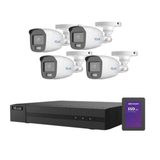 [HIKVISIONDIGITALTECHNOLOGY_HL-1080-CV/A/512GB] Hikvision Digital Technology Kit TurboHD 1080p + SSD 512 GB / DVR 4 Canales / 4 Cámaras Bala ColorVu con Micrófono Integrado / Fuente de Poder / Accesorios de Instalación